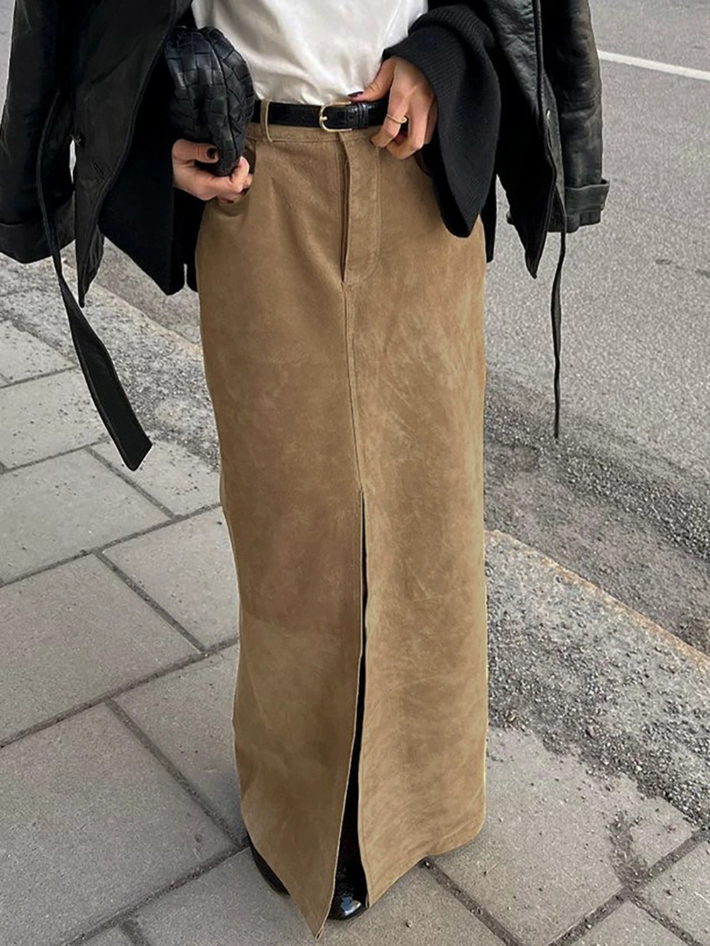 Forever 21 Retro Suede High Waist Midi Pencil Skirt Side Slit Khaki Fall Winter